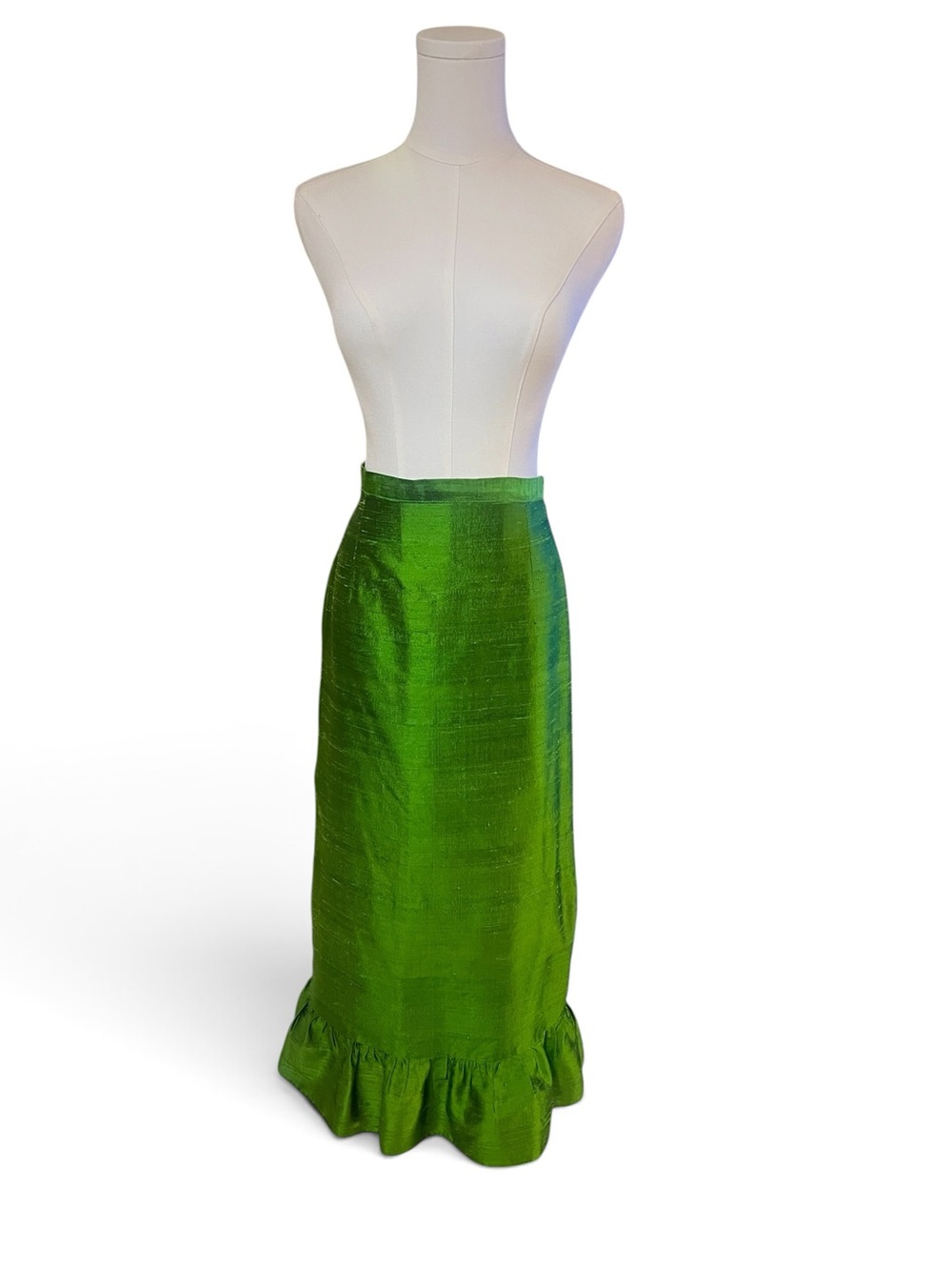 Green Silk Blend Textured Ruffle Hem Midi Skirt